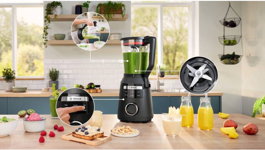 BOSCH Blender VitaPower Serie 6 MMBD665B1 hoogvermogen mixer 45.000 rpm zwart 2l 6 automatische programma's inclusief hete soep stopper veiligheidsdeksel