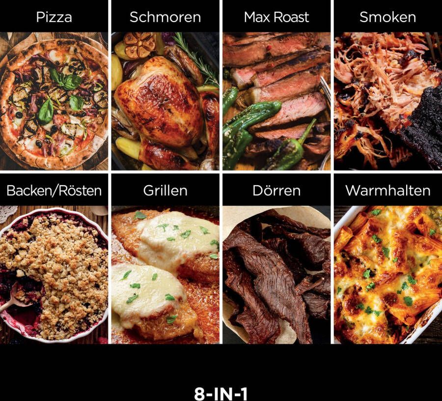 NINJA Multifunctionele oven OO101EU Elektrische Outdoor pizzaoven en roker 8-in-1: Pizza Bakken Max Roast grillen bakken roosteren roken drogen & warmhouden