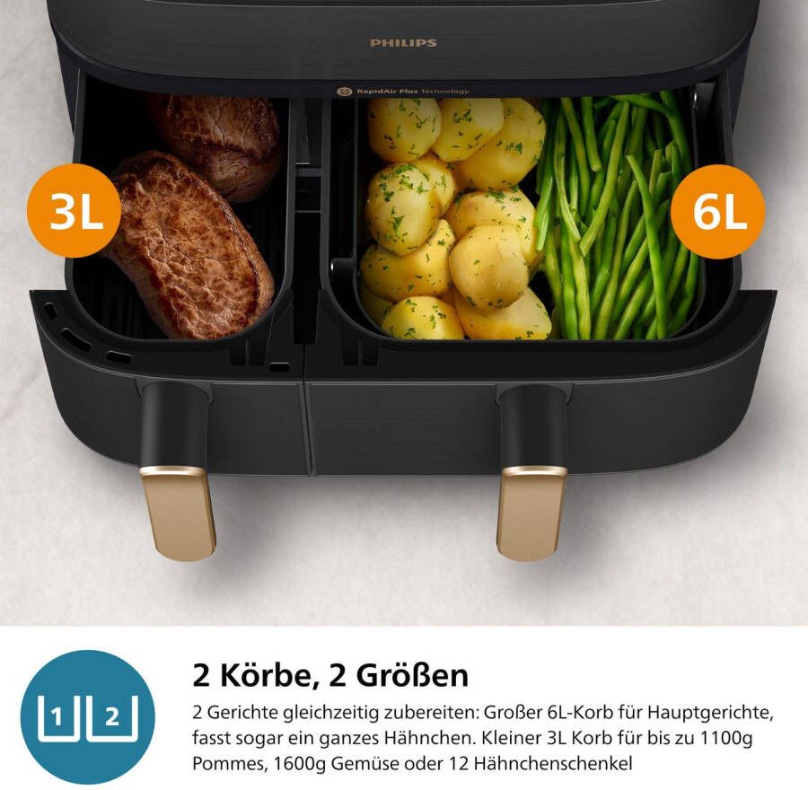 Philips Airfryer NA552 00 Steam Airfryer 5000 Series Dual Basket 9L Capaciteit (3L+6L)