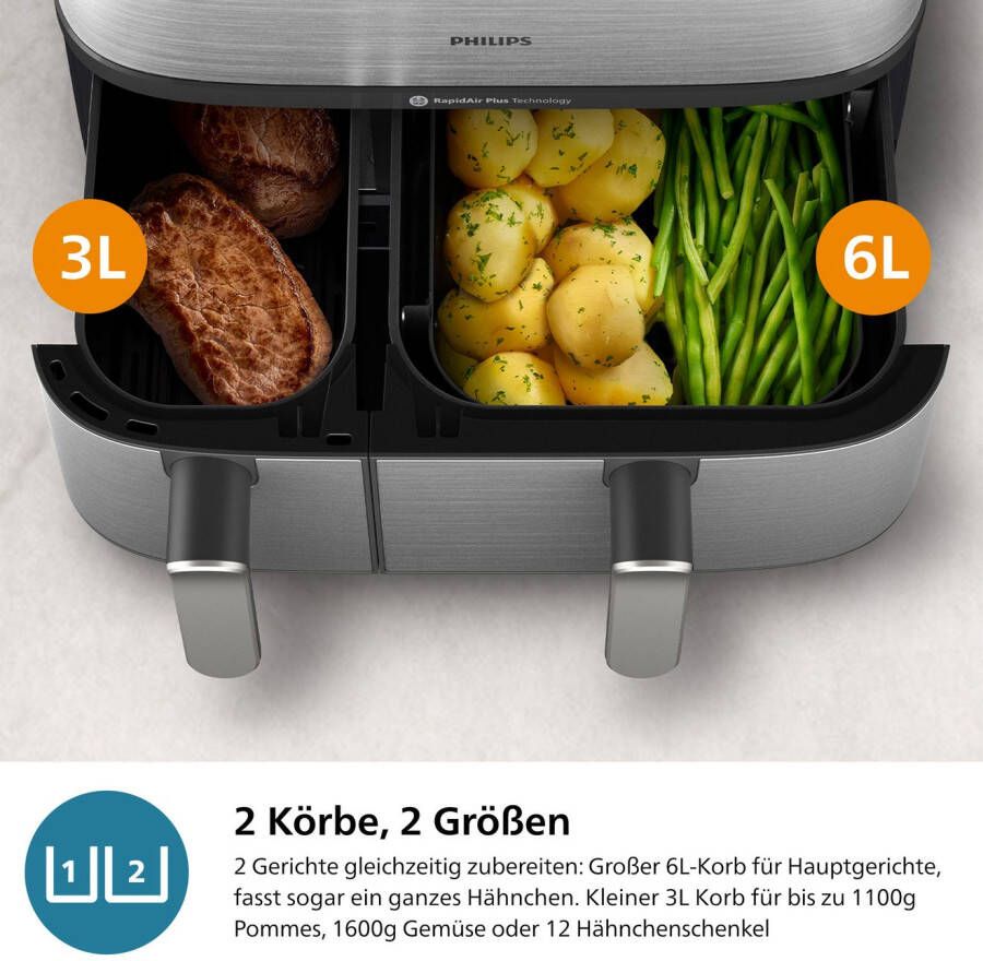 Philips Airfryer NA555 00 Steam Airfryer 5000 Series Dual Basket 9L Capaciteit (3L+6L)