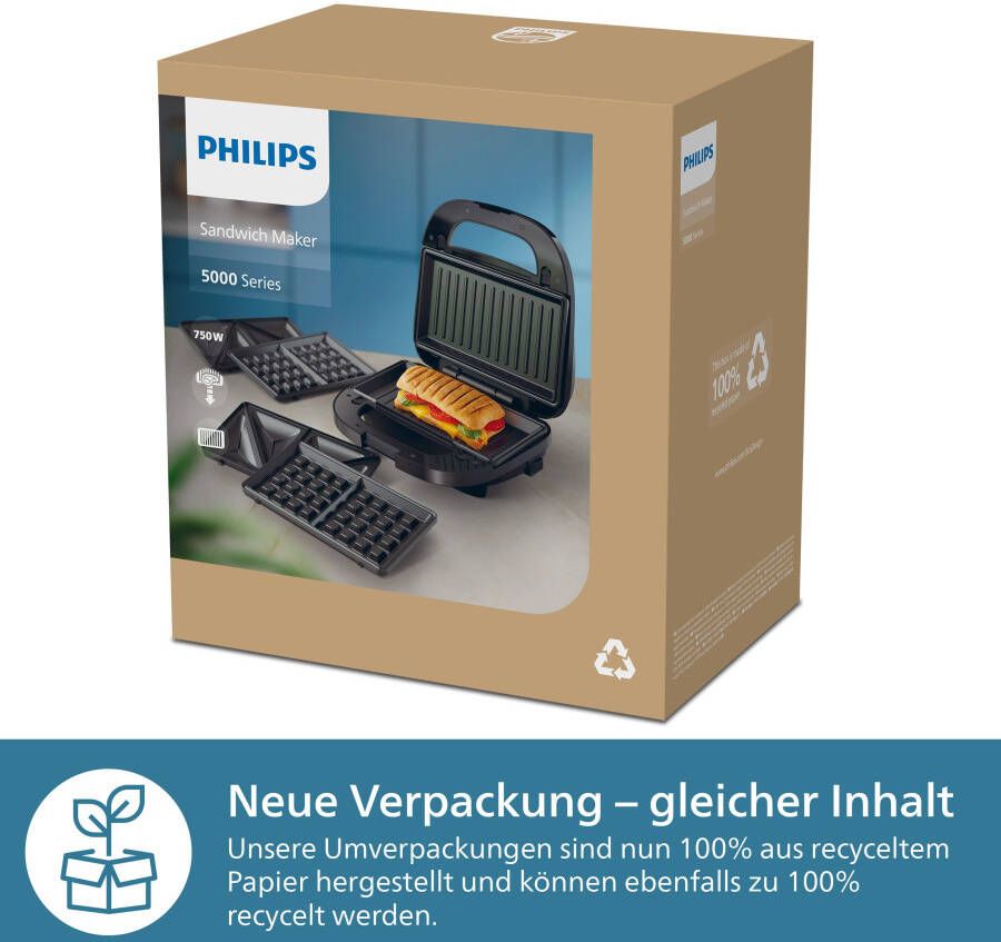 Philips Sandwichmaker 5000 Series HD2350 80 met 3 verwisselbare plaatsets gelijkmatige opwarming compacte opslag zwart zilver