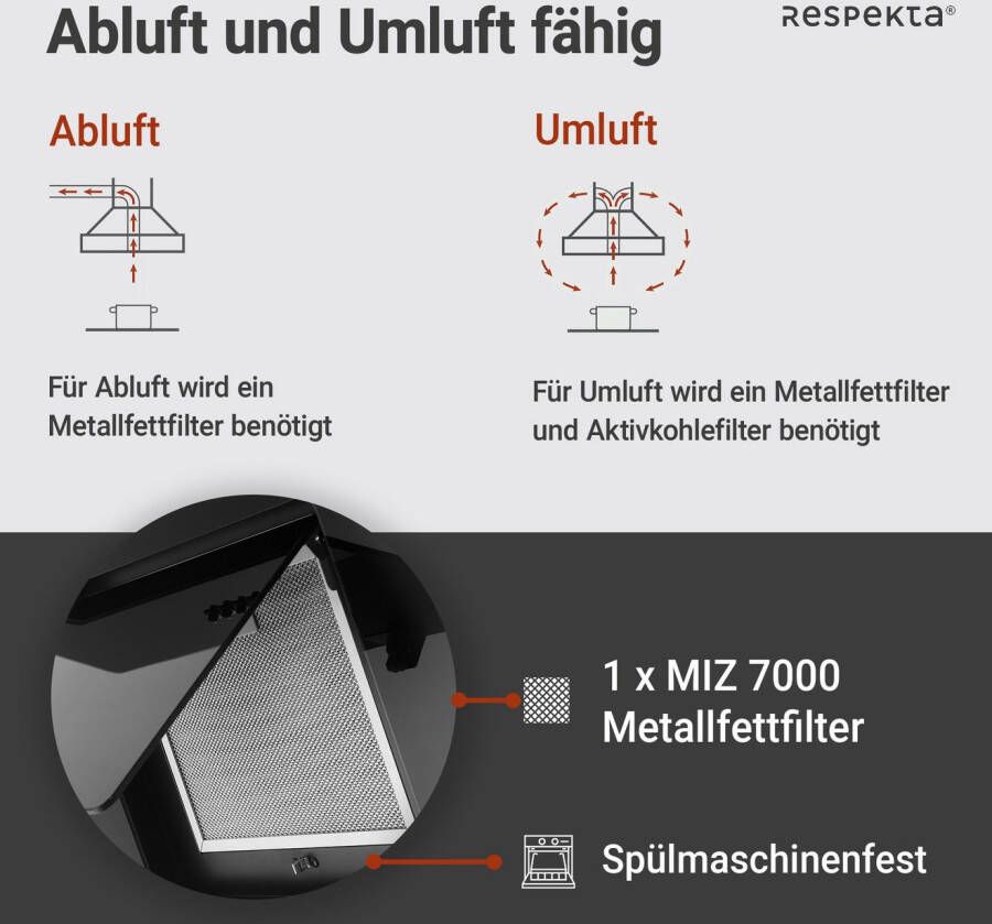RESPEKTA Schuine wandkap CH 22010 90 cm 3 vermogensniveaus led-verlichting geschikt voor afzuiging en recirculatie