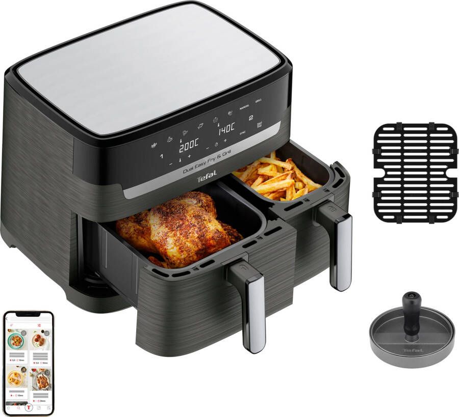 Tefal Airfryer EY905B Fritteuse Dual Easy Fry & Grill Doppelkammer 8 3 L Kapazität met hamburger pers