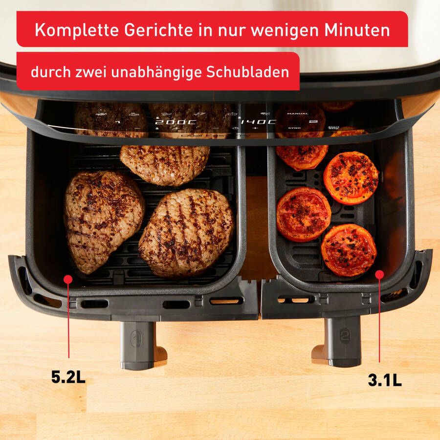 Tefal Airfryer EY905B Fritteuse Dual Easy Fry & Grill Doppelkammer 8 3 L Kapazität met hamburger pers