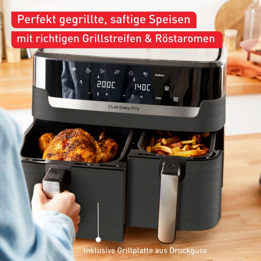 Tefal Airfryer EY905B Fritteuse Dual Easy Fry & Grill Doppelkammer 8 3 L Kapazität met hamburger pers