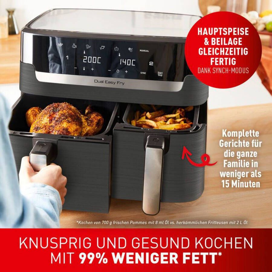 Tefal Airfryer EY905B Dual Easy Fry & Grill Dubbele kamer 8 3 L capaciteit met hamburgerpers