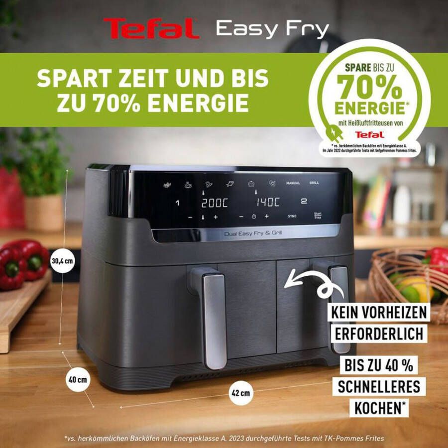 Tefal Airfryer EY905B Dual Easy Fry & Grill Dubbele kamer 8 3 L capaciteit met hamburgerpers