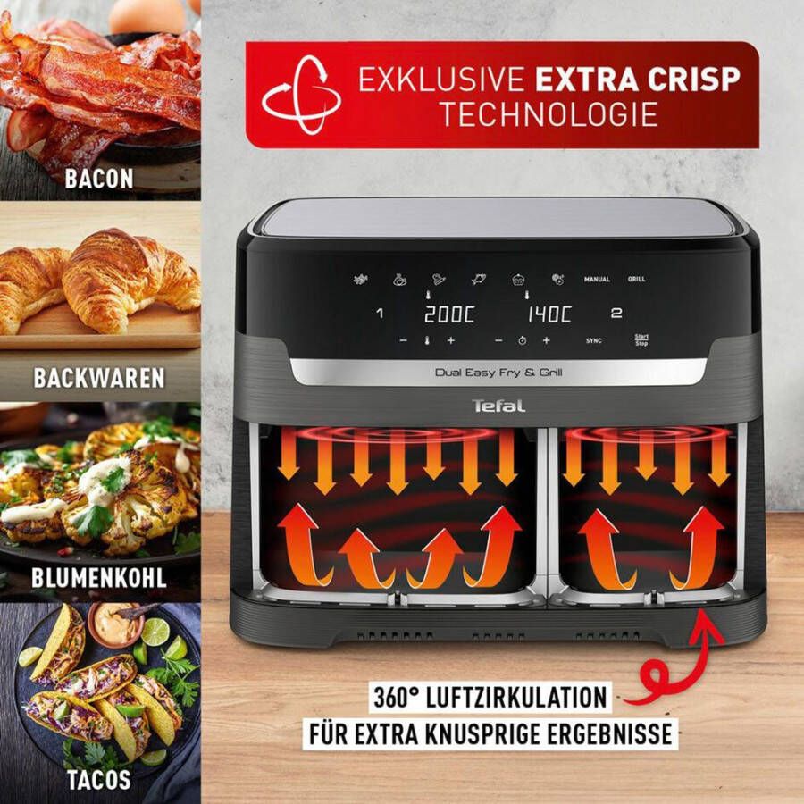Tefal Airfryer EY905B Dual Easy Fry & Grill Dubbele kamer 8 3 L capaciteit met hamburgerpers