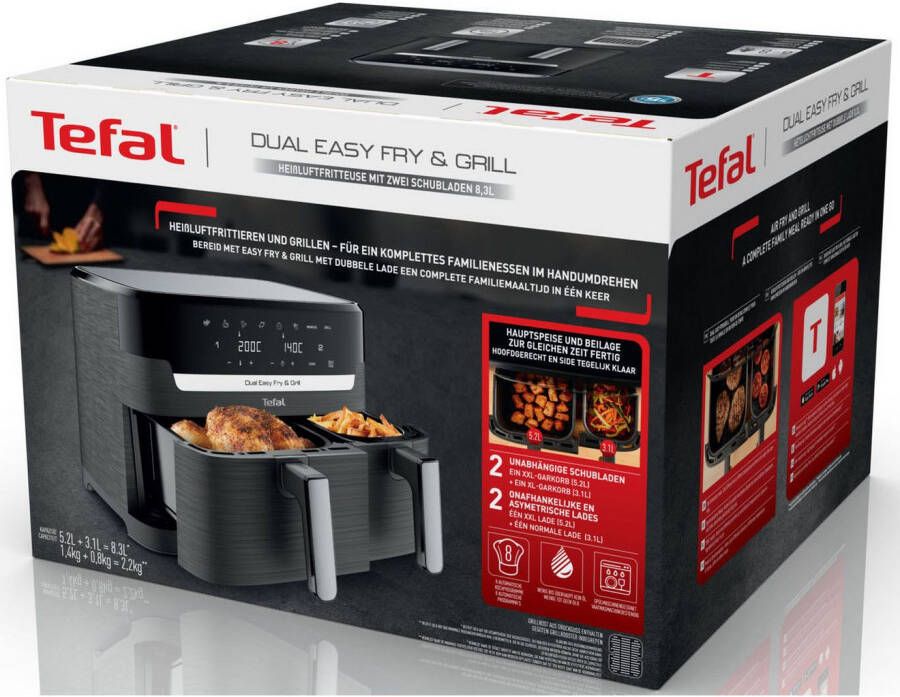 Tefal Airfryer EY905B Dual Easy Fry & Grill Dubbele kamer 8 3 L capaciteit met hamburgerpers