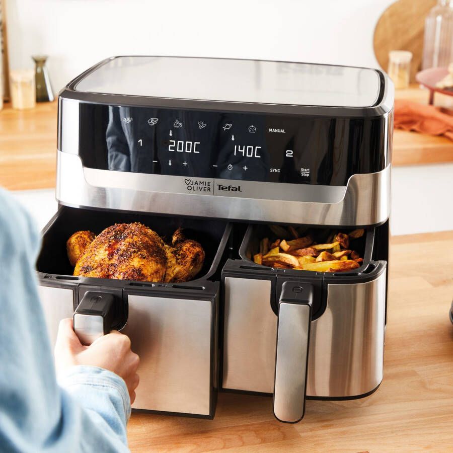 Tefal Airfryer Jamie Oliver by EY90JDE Dual Easy Fry & Grill Heteluchtfriteuse dubbele kamer 8 automatische programma's EY90JDE