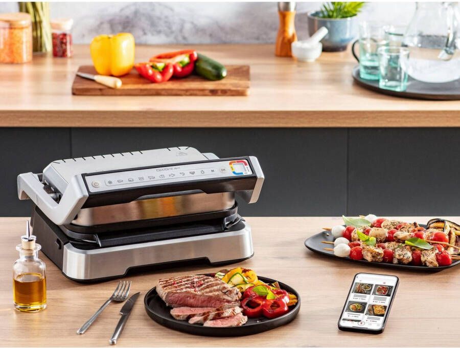 Tefal Contactgrill GC773D OptiGrill 2-in-1 met grilltang intelligente grill & bbq scharnierend 9 automatische programma's