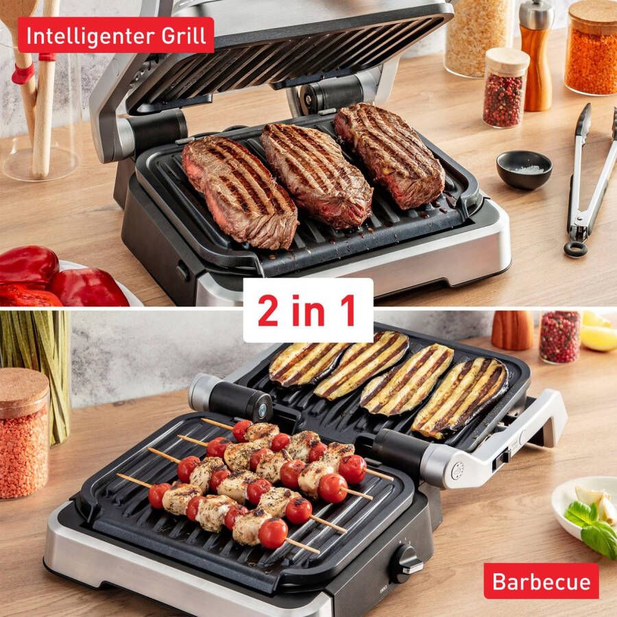 Tefal Contactgrill GC773D OptiGrill 2-in-1 met grilltang intelligente grill & bbq scharnierend 9 automatische programma's