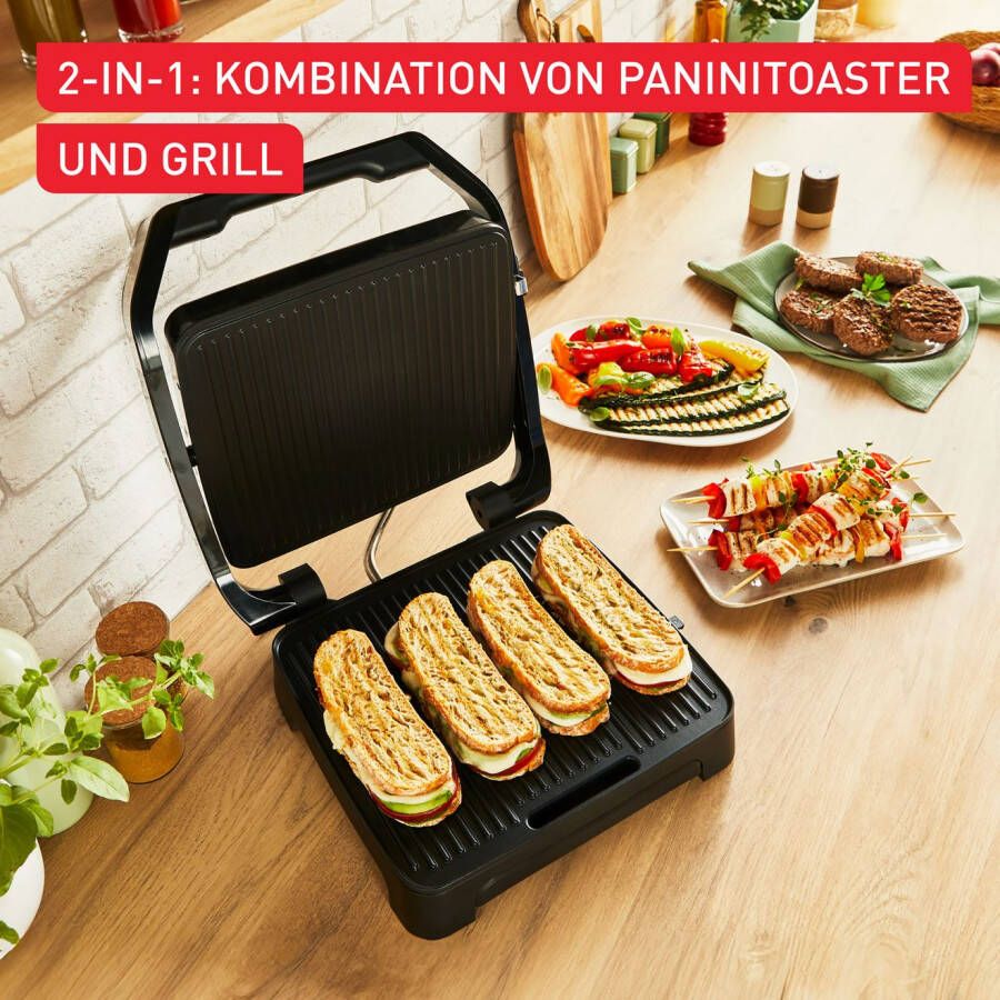 Tefal Contactgrill Inicio Classic 2-in-1 Panini Grill anti-aanbakplaten Plaatsbesparende opslag vaatwasmachinebestendige sap opvangschaal GC2718