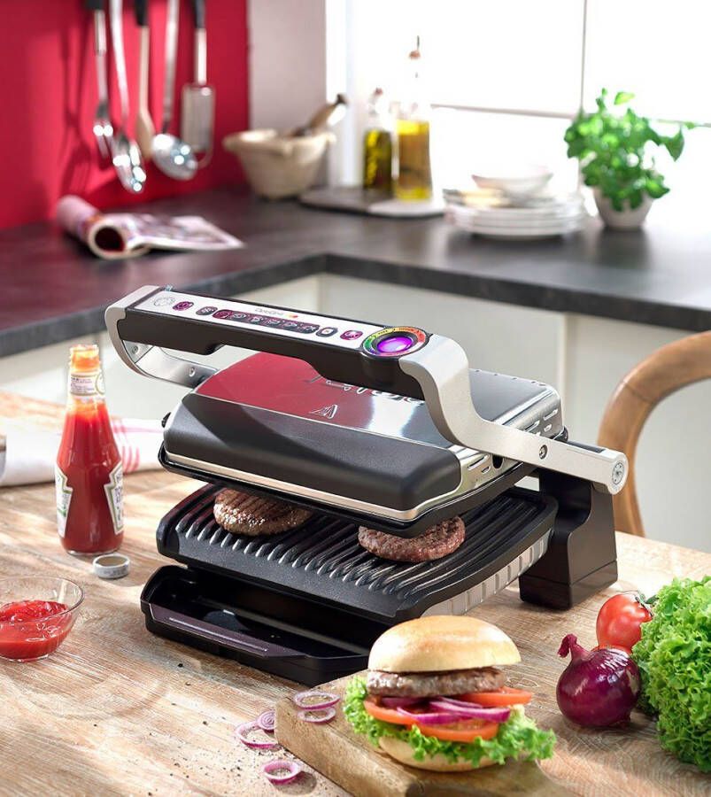 Tefal Contactgrill Optigrill GC705D 6 programma s past temperatuur en grillcyclus aan het grillgerecht aan