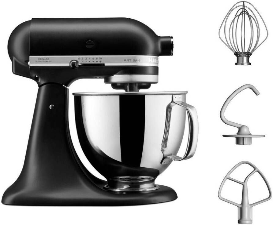 KitchenAid Keukenmachine Artisan Keukenrobot met 3 accessoires en kom van 4 8 L uit roestvrij staal 300 W Matzwart
