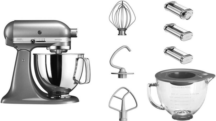 KitchenAid Keukenmachine 5KSM125ECU met gratis glazen kom + 3 pastavoorstukken