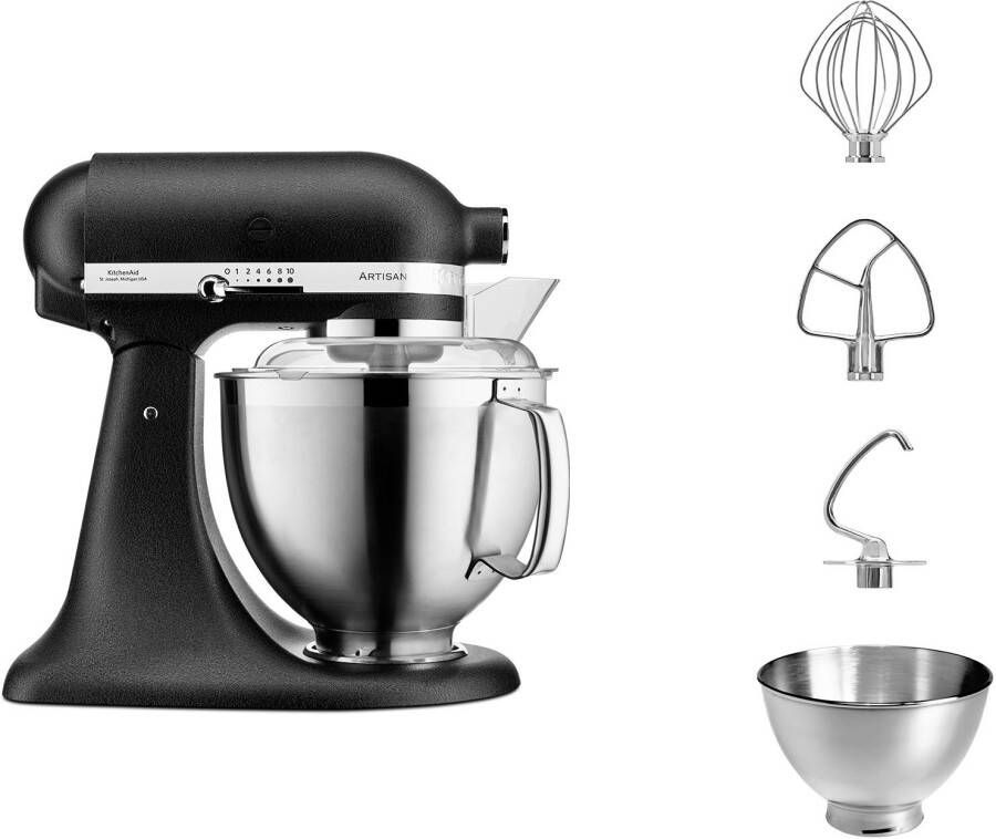 KitchenAid keukenmachine Artisan Keukenrobot met 3 accessoires uit roestvrij staal schenkschild en 2 mengkommen 300 W 3 L en 4 8 L Zwart - Foto 3