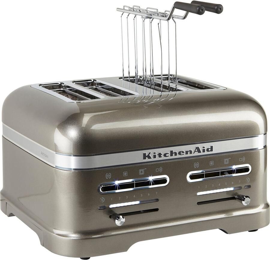 KitchenAid Broodrooster Artisan Toaster voor 4 sneden met tostiklem en verwijderbaar kruimelbakje 7 bruiningsniveaus en bagelfunctie Retro design Zilver - Foto 3