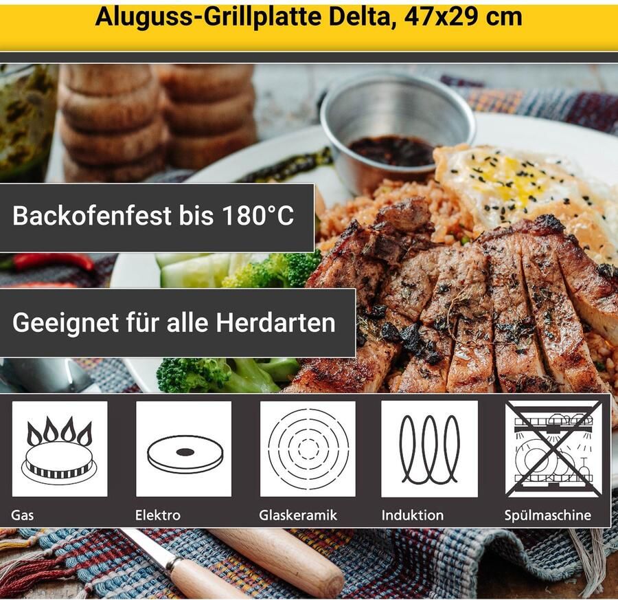 Krüger Grillplaat Delta van gietaluminium geschikt voor inductiekookvelden 47 x 29 cm (1 stuk) - Foto 4