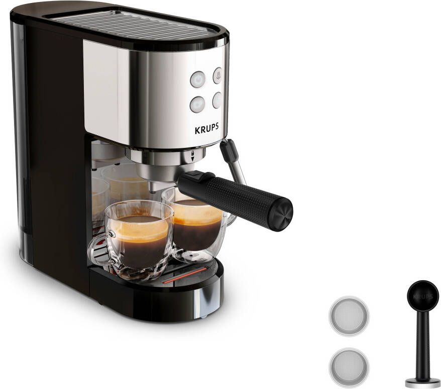 Krups Espressomachine XP4418 Virtuoso Essential Zeefdrager Roestvrijstalen applicaties slank compact design 2 filterinzetstukken