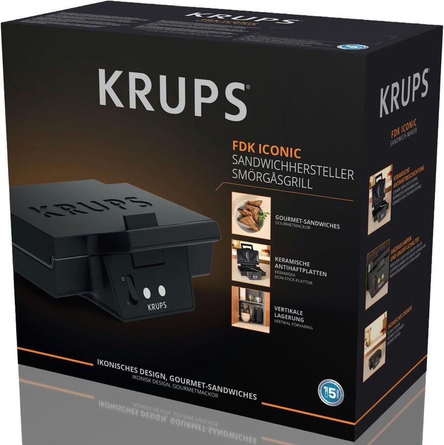 Krups Iconic FDK462 Tosti-apparaat Keramische Anti-aanbaklaag Stijlvol Design Verticaal Opbergen 850W Zwart