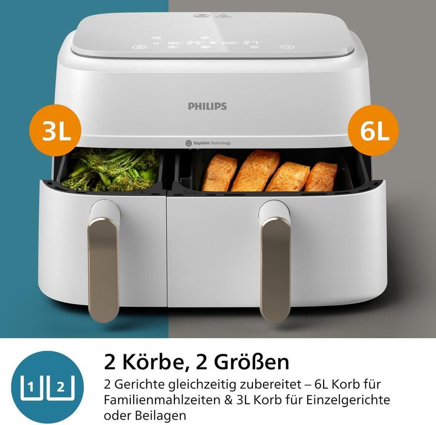 Philips 3000 series NA353 10 friteuse Dubbel 9 l Vrijstaand 2750 W Heteluchtfriteuse Zilver Wit - Foto 6