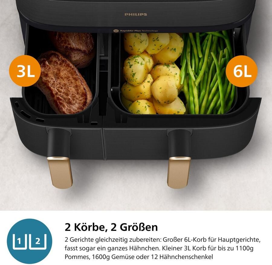 Philips Airfryer NA552 00 Steam Airfryer 5000 Series Dual Basket 9L Capaciteit (3L+6L) - Foto 3