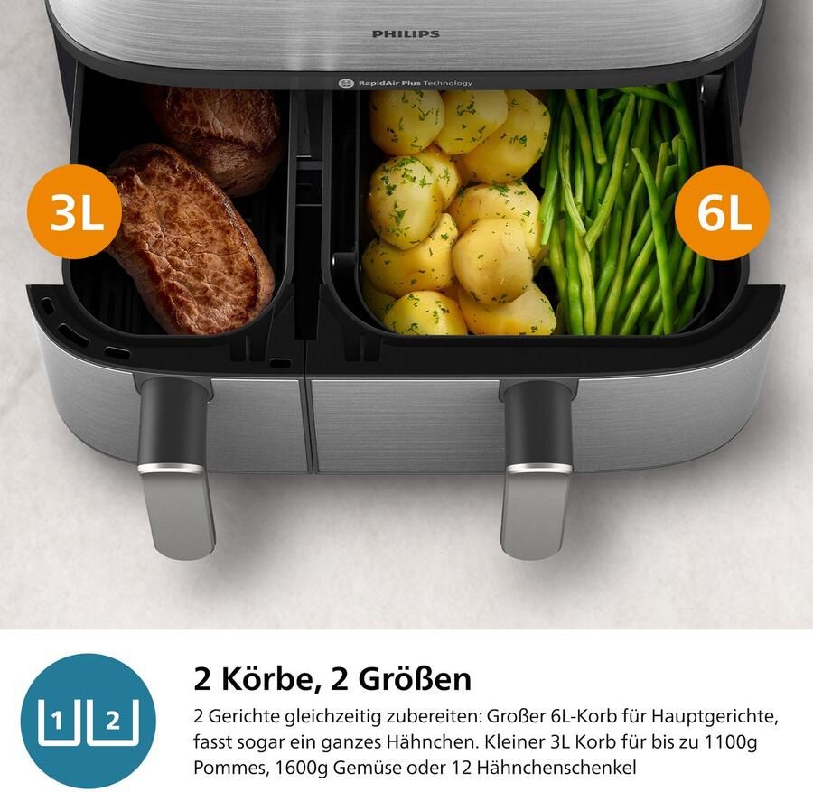 Philips Airfryer NA555 00 Steam Airfryer 5000 Series Dual Basket 9L Capaciteit (3L+6L) - Foto 6