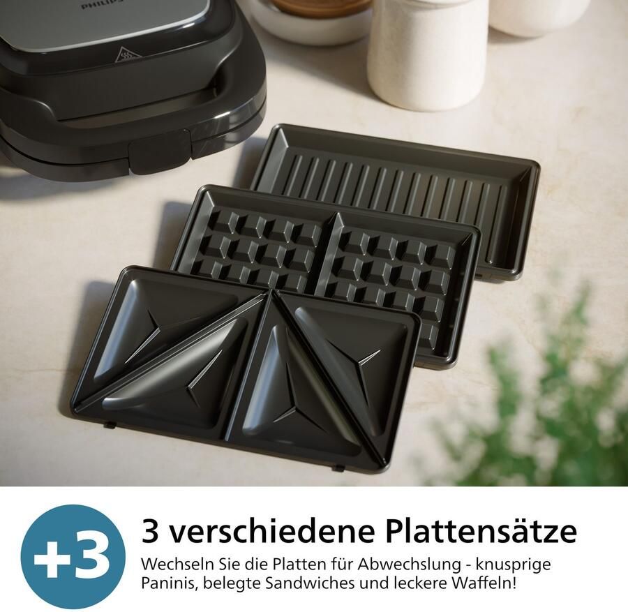 Philips Sandwichmaker 5000 Series HD2350 80 met 3 verwisselbare plaatsets gelijkmatige opwarming compacte opslag zwart zilverkleur