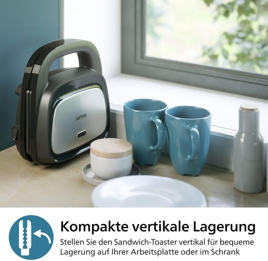 Philips Sandwichmaker 5000 Series HD2350 80 met 3 verwisselbare plaatsets gelijkmatige opwarming compacte opslag zwart zilverkleur - Foto 5