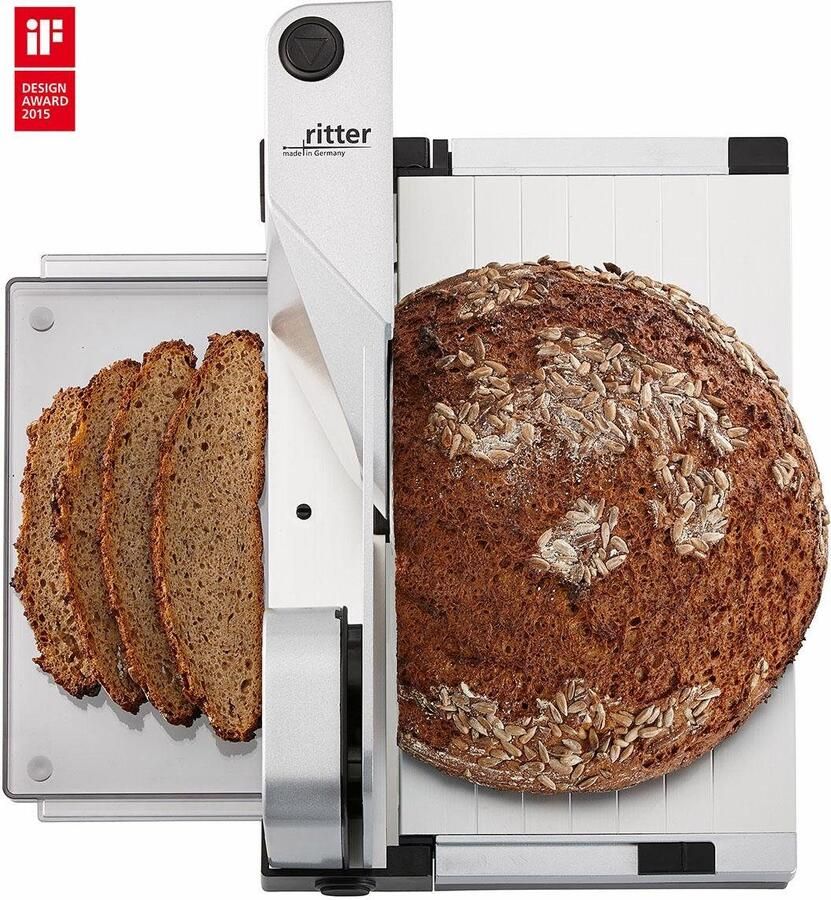 Ritter Snijmachine icaro 7 Made in Germany Allessnijder Elektrisch inklapbar 65W Eco Motor broodsnijmachine vleeswarensnijmachine vlees brood gronten broodsnijder Zilver