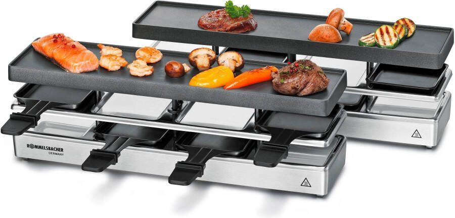 Rommelsbacher Raclette Grillset voor 4 + 4 RC 1600 Gourmetstel Voor 8 Personen Omkeerbare Grillplaat 1600 Watt Roestvrij Staal Met Pannetjes en Spatels