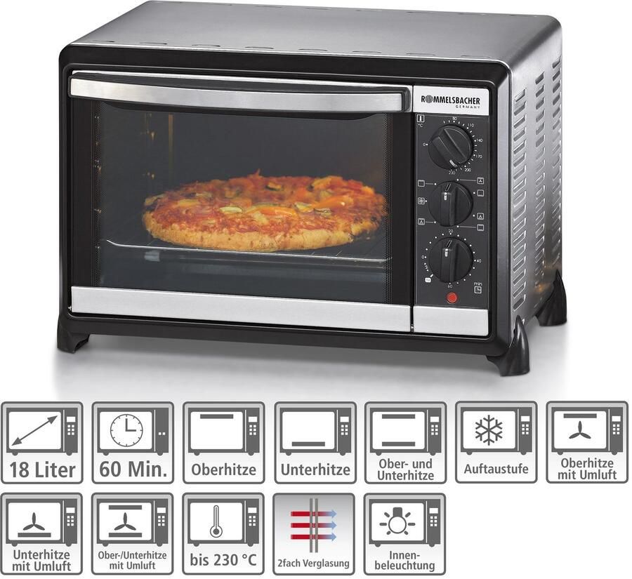Rommelsbacher mini oven BG 1055 E – compacte vrijstaande oven 10 liter – met boven- en onderwarmte timer en kruimellade