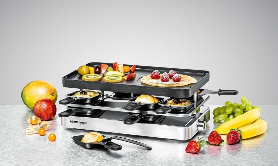 Rommelsbacher Raclettegrill RC 1400 – 8 personen – omkeerbare grillplaat met crêpevormen – gourmetstel met pannen en spatels – antiaanbaklaag – 1500W