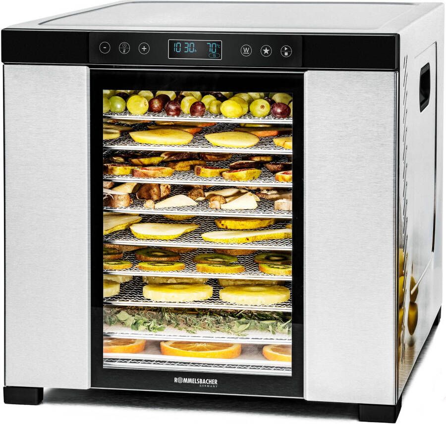 Rommelsbacher Voedseldroger DA 1050 – 9 trays – 700W – Instelbare temperatuur & timer – Inclusief fijnmazig rooster & fruitrolvel – BPA-vrij – Voor fruit groenten kruiden & vlees