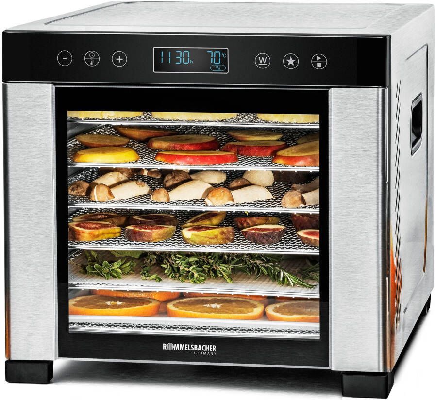 Rommelsbacher Voedseldroger DA 950 – 5 BPA-vrije trays – Instelbare temperatuur 35-75°C – Timer 1-24 uur – Inclusief fruitrolvel & kruidenrooster – Voor groente fruit vlees & kruiden – 700 W – Zwart
