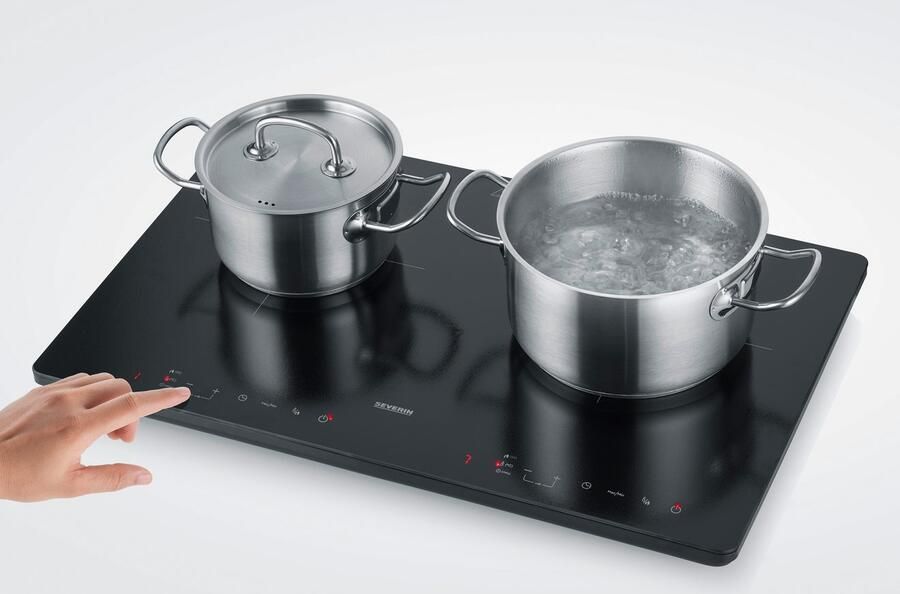 Severin KP 1033 Inductiekookplaat Slim line 3.400 W Panherkenning (Ø 22cm) Touch-bedieningspaneel Temperatuurinstelling 60-240 °C Luxe mat glazen oppervlak voor minder vingerafdrukken 2-pits Timer Kinderslot Normale stekker