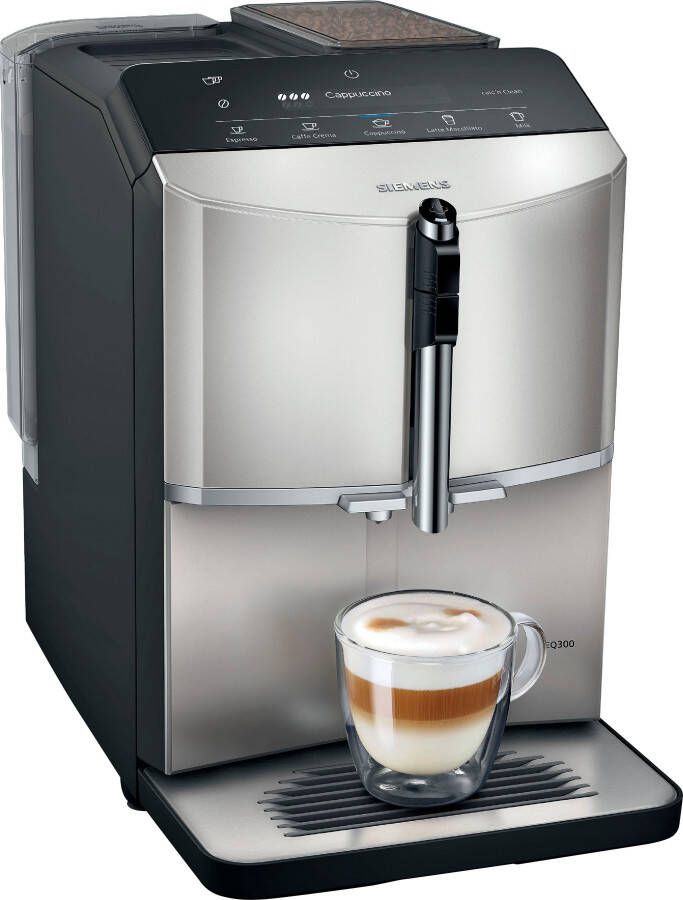 SIEMENS Volautomatisch koffiezetapparaat EQ300 TF303E07 veel koffiespecialiteiten OneTouch-functie gebruiksvriendelijk display keramische molen zilverkleur metallic