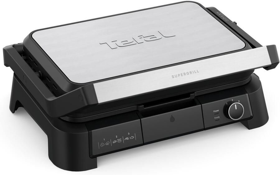 Tefal SuperGrill 3-in-1 GC520D Contactgrill XL Barbecuestand 3 Verstelbare Hoogtes Uitneembare Anti-aanbakplaten Groot Formaat Regelbare temperatuur Vet opvangbak Verticaal Opbergen 2200W RVS
