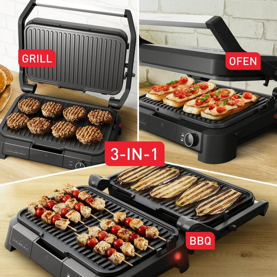 Tefal Contactgrill SuperGrill 3in1 XL Grill Barbecue- Ovenstand 3 temperaturen vaatwasmachinebestendige platen grillen voor tot 8 personen gc520d
