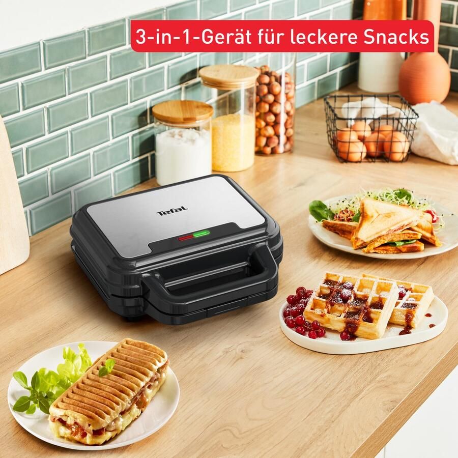 Tefal Sandwichmaker Ultracompact 3-in-1 Sandwich Wafel Panini anti-aanbaklaag ruimtebesparende opslag afmetingen: 23 x 23 x 9 cm sw383d