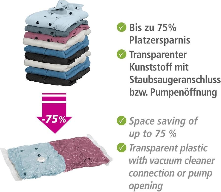 Wenko Vacumeerzak Reisset Vacuümzakken voor kleding voor ruimtebesparende opslag 2 maten (set 6-delig) - Foto 5
