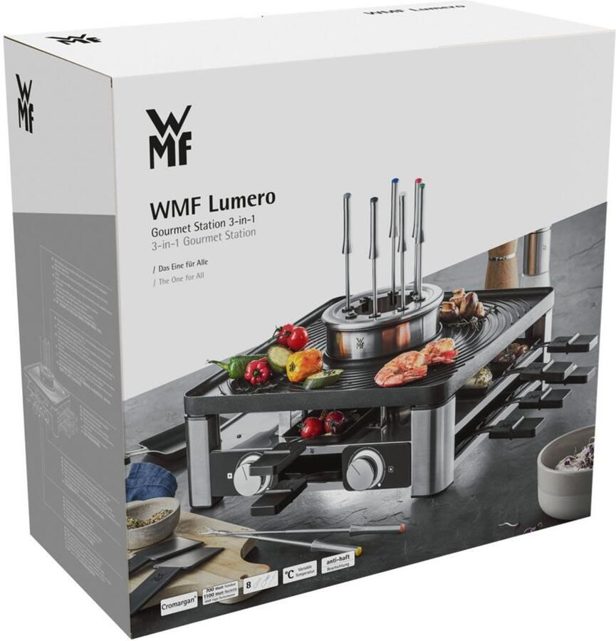 WMF Raclette Lumero gourmetstation 3-in-1 raclette fondue en indoor-grill vaatwasmachinebestendige pannetjes plaat spatbescherming led-verlichting