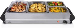 Tristar Buffetwarmer BP-6285 Buffet Serveerder en Warmhoudplaat – 2 x 2.4 liter en 2 x 1 liter – Warmhoudfunctie Inclusief deksel RVS